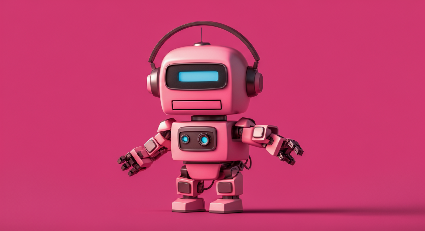 a pink robot with headphones